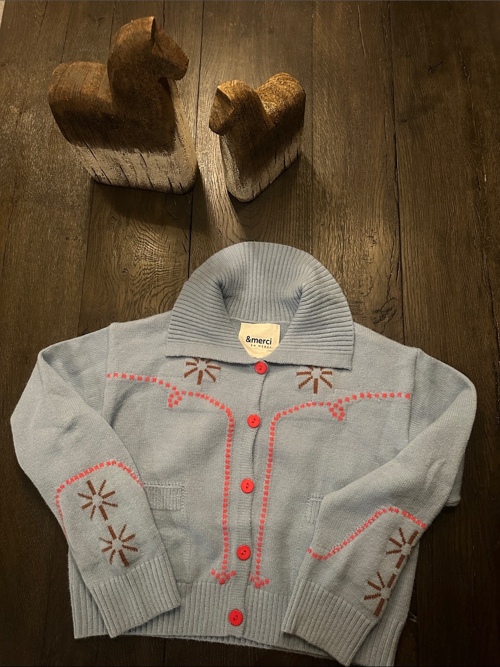 Blue Cardigan Sweater with brown and pink western stitching